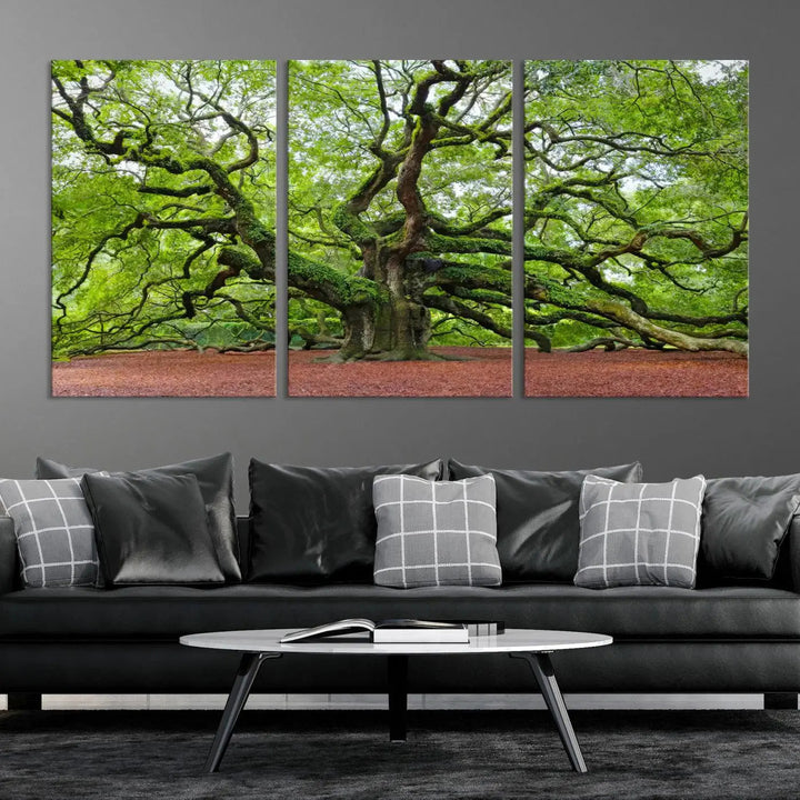 The living room features the Framed Angel Oak Tree Wall Art, a 3-panel canvas print depicting the tree's sprawling branches and lush green leaves. This large nature artwork brings a refreshing natural touch to the space and is ready to hang as home decor.