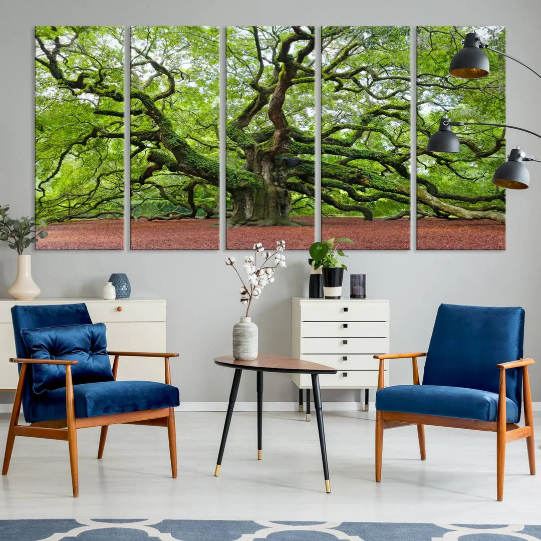 The living room features the Framed Angel Oak Tree Wall Art, a 3-panel canvas print depicting the tree's sprawling branches and lush green leaves. This large nature artwork brings a refreshing natural touch to the space and is ready to hang as home decor.