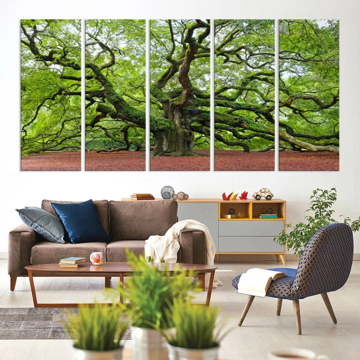 The living room features the Framed Angel Oak Tree Wall Art, a 3-panel canvas print depicting the tree's sprawling branches and lush green leaves. This large nature artwork brings a refreshing natural touch to the space and is ready to hang as home decor.