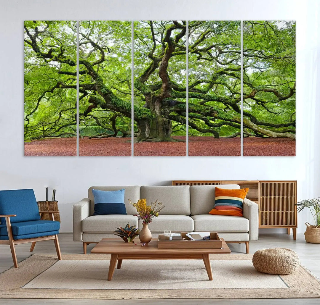 The living room features the Framed Angel Oak Tree Wall Art, a 3-panel canvas print depicting the tree's sprawling branches and lush green leaves. This large nature artwork brings a refreshing natural touch to the space and is ready to hang as home decor.