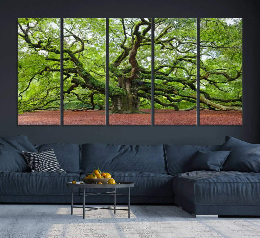 The living room features the Framed Angel Oak Tree Wall Art, a 3-panel canvas print depicting the tree's sprawling branches and lush green leaves. This large nature artwork brings a refreshing natural touch to the space and is ready to hang as home decor.