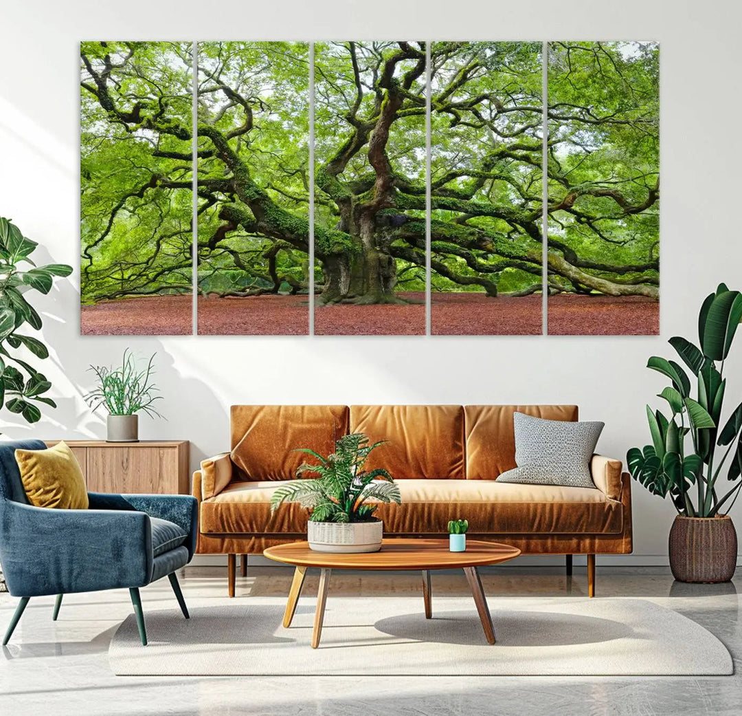 The living room features the Framed Angel Oak Tree Wall Art, a 3-panel canvas print depicting the tree's sprawling branches and lush green leaves. This large nature artwork brings a refreshing natural touch to the space and is ready to hang as home decor.