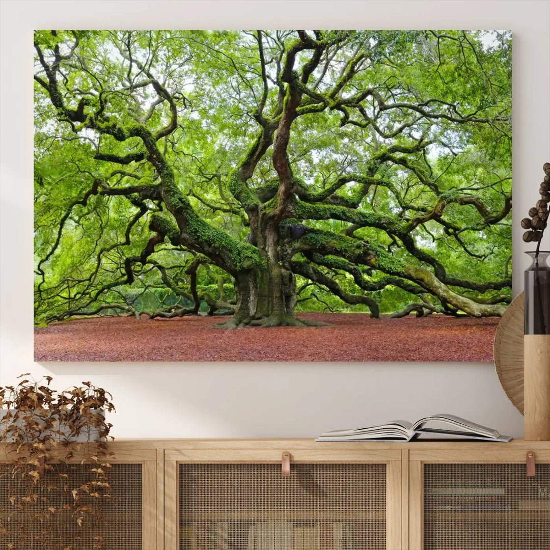 The living room features the Framed Angel Oak Tree Wall Art, a 3-panel canvas print depicting the tree's sprawling branches and lush green leaves. This large nature artwork brings a refreshing natural touch to the space and is ready to hang as home decor.