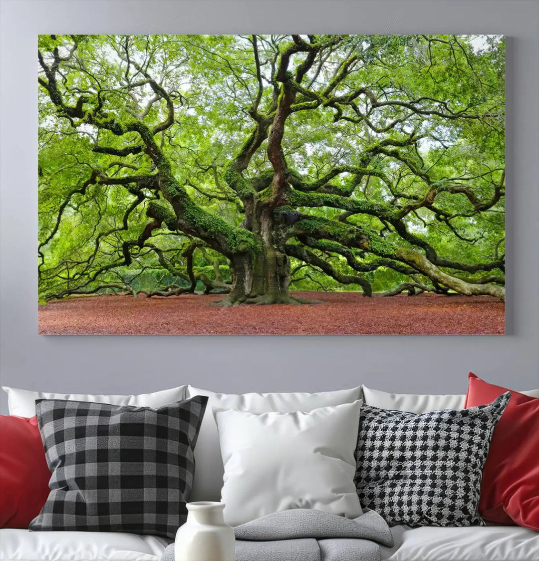 The living room features the Framed Angel Oak Tree Wall Art, a 3-panel canvas print depicting the tree's sprawling branches and lush green leaves. This large nature artwork brings a refreshing natural touch to the space and is ready to hang as home decor.