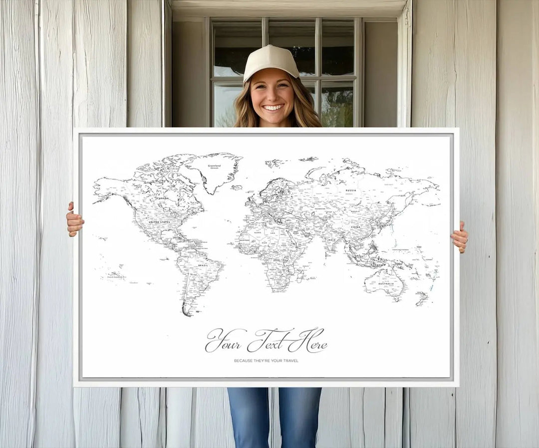 A large Framed Push Pin Mini World Travel Map Wall Art Print features customizable text and is designed as a premium cork pin board canvas with labeled countries for a gallery-quality finish.