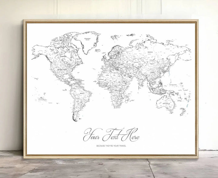 A large Framed Push Pin Mini World Travel Map Wall Art Print features customizable text and is designed as a premium cork pin board canvas with labeled countries for a gallery-quality finish.