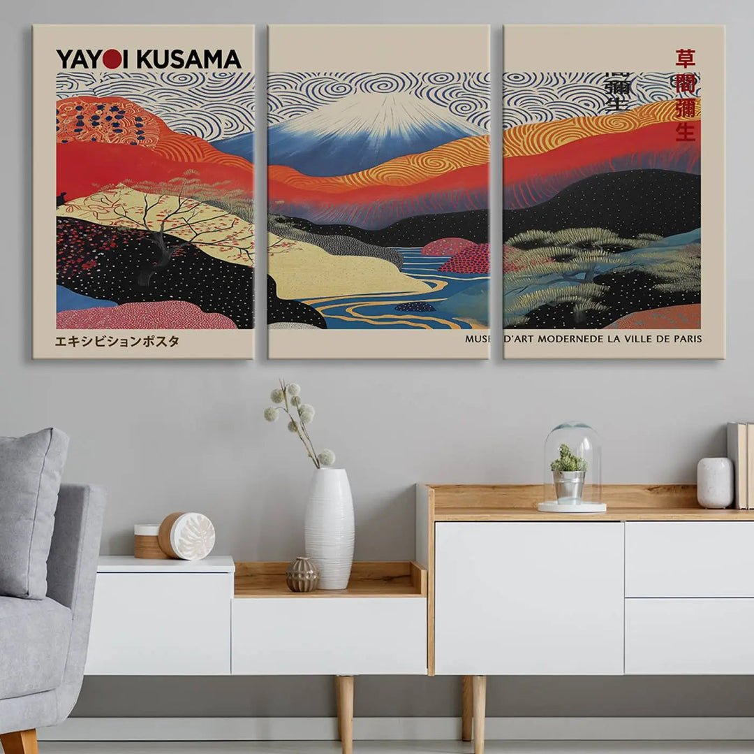 A framed Yayoi Kusama 1986 wall art print, showcasing vibrant abstract landscapes with a Wabi Sabi influence, is prominently displayed as a Japanese wall art piece.