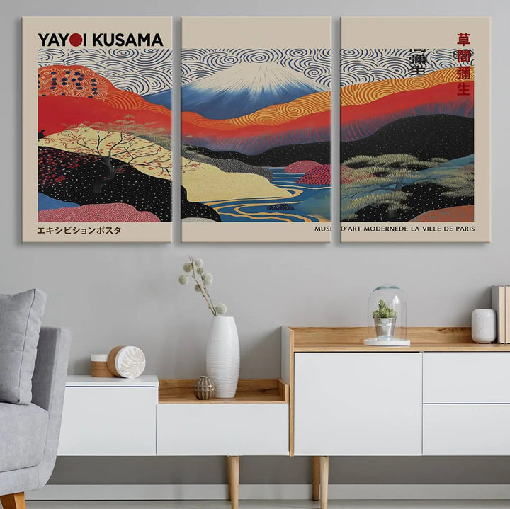 A framed Yayoi Kusama 1986 wall art print, showcasing vibrant abstract landscapes with a Wabi Sabi influence, is prominently displayed as a Japanese wall art piece.