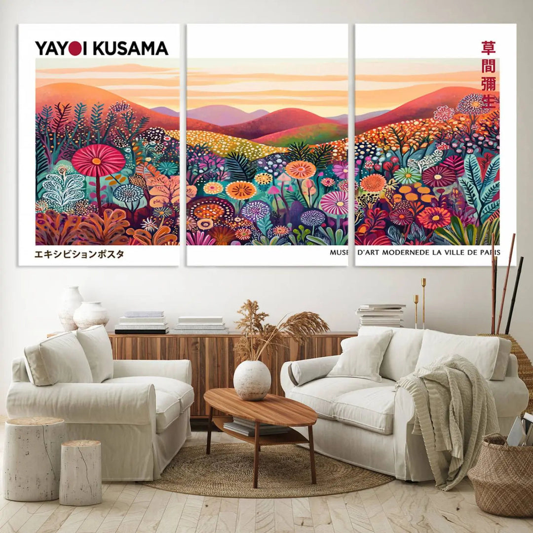 A Framed Yayoi Kusama 1986 Wall Art Print, showcasing a vibrant abstract landscape with flowers and reflecting the Wabi Sabi style, is displayed.