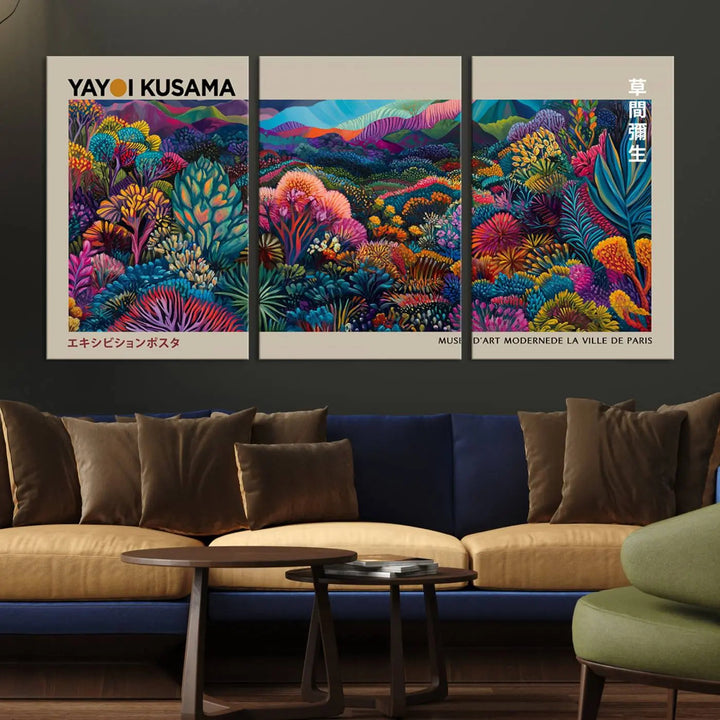 A stunning wall art print featuring Yayoi Kusama's 1986 abstract landscape hangs prominently, seamlessly incorporating elements of Japanese wabi-sabi into the contemporary space.