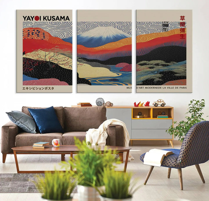 A framed Yayoi Kusama 1986 wall art print, showcasing vibrant abstract landscapes with a Wabi Sabi influence, is prominently displayed as a Japanese wall art piece.