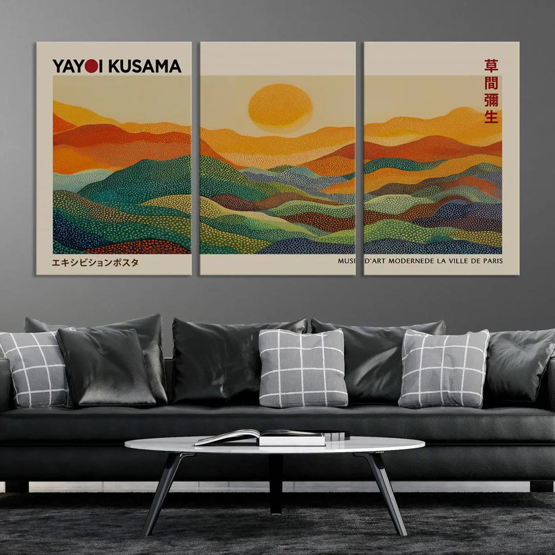 The vibrant abstract landscape depicted in the three-panel "Framed Yayoi Kusama 1986 Wall Art Print" seamlessly integrates nature-inspired décor.