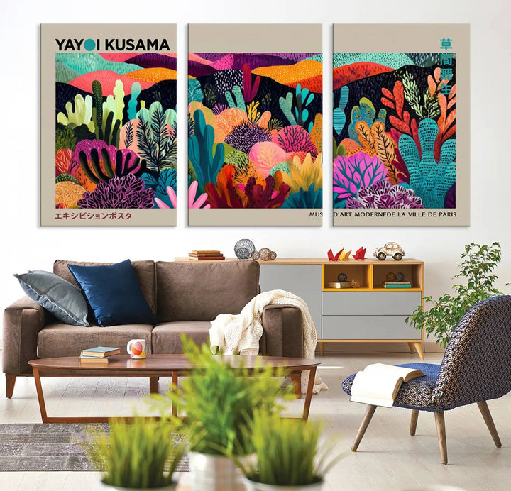 The Framed Yayoi Kusama 1986 Wall Art Print serves as a contemporary, nature-inspired décor piece, displaying colorful plant-like forms.