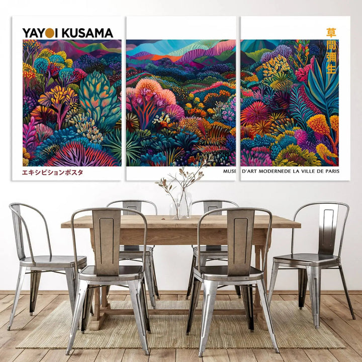 A set of three vibrant abstract landscape canvas prints, inspired by Yayoi Kusama's style and capturing a Japanese Wabi Sabi aesthetic, adorns the dark wall, creating a stunning piece of contemporary décor.