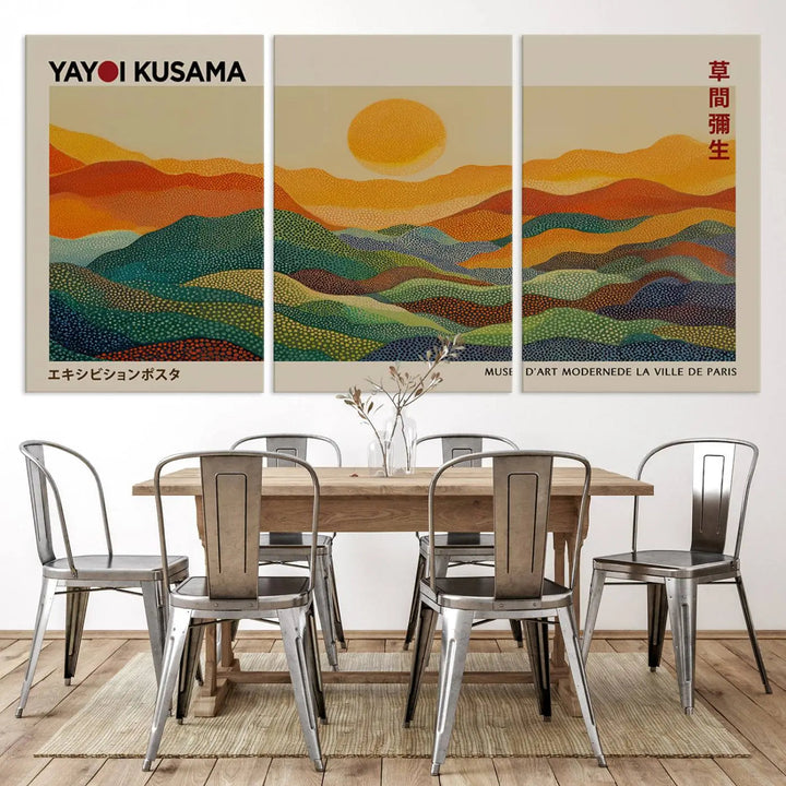 The vibrant abstract landscape depicted in the three-panel "Framed Yayoi Kusama 1986 Wall Art Print" seamlessly integrates nature-inspired décor.