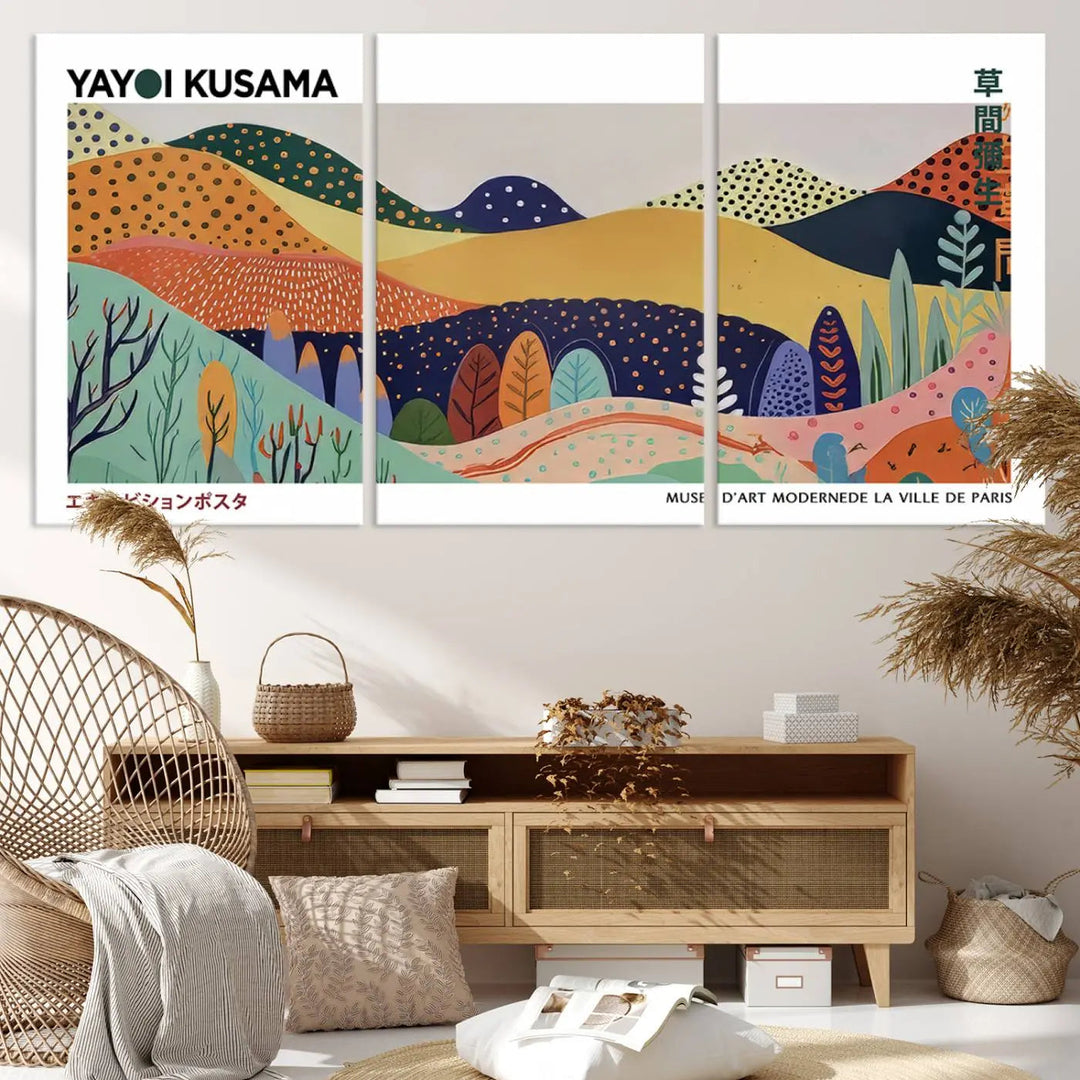 A triptych featuring the Framed Yayoi Kusama 1986 Wall Art Print hangs above. This Japanese Wabi Sabi inspired piece, rich in vibrant abstract landscapes, adds an elegant touch to any nature-inspired décor.