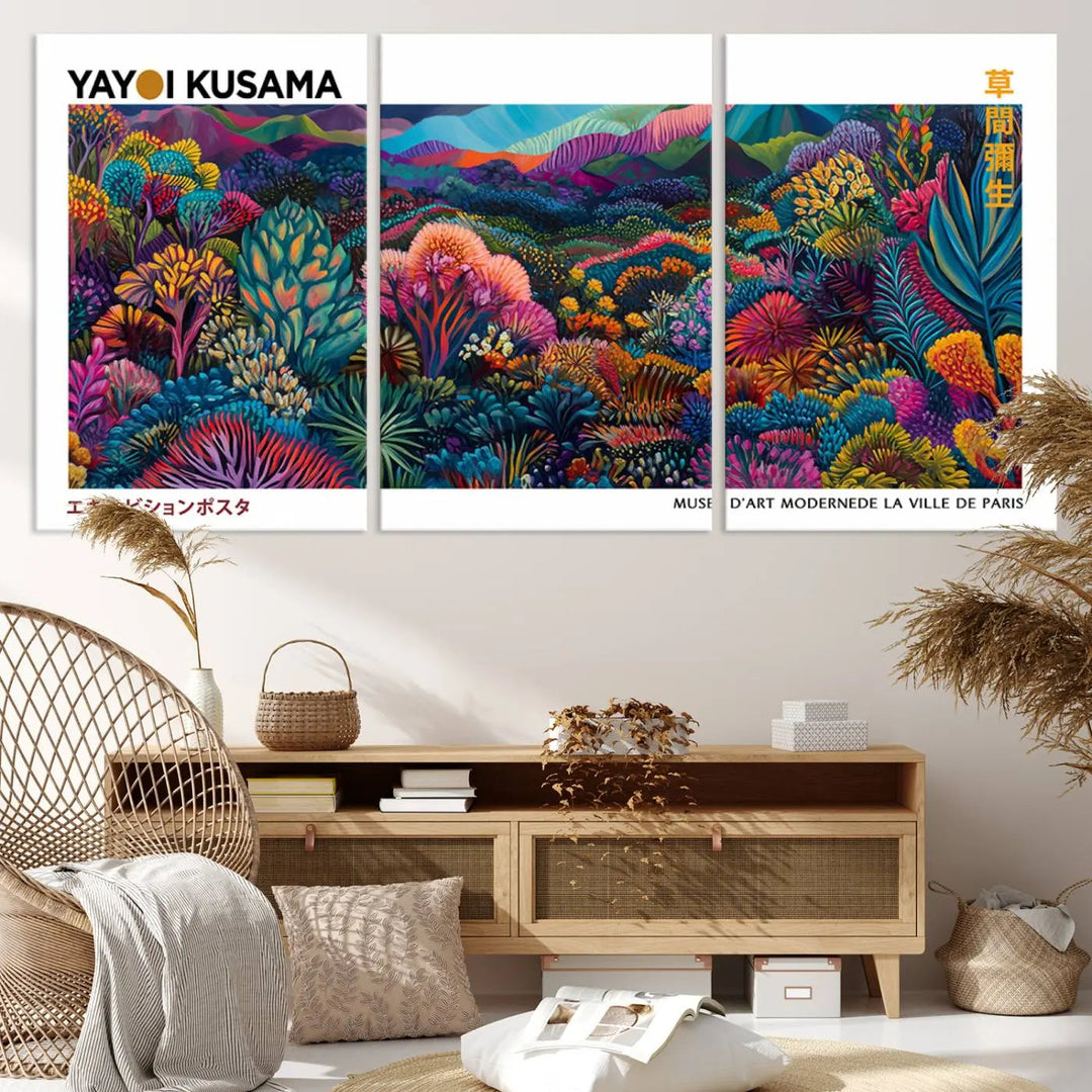 A set of three vibrant abstract landscape canvas prints, inspired by Yayoi Kusama's style and capturing a Japanese Wabi Sabi aesthetic, adorns the dark wall, creating a stunning piece of contemporary décor.