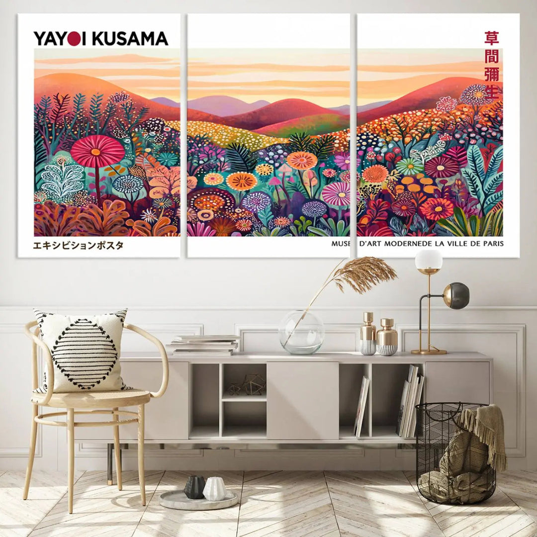 A Framed Yayoi Kusama 1986 Wall Art Print, showcasing a vibrant abstract landscape with flowers and reflecting the Wabi Sabi style, is displayed.