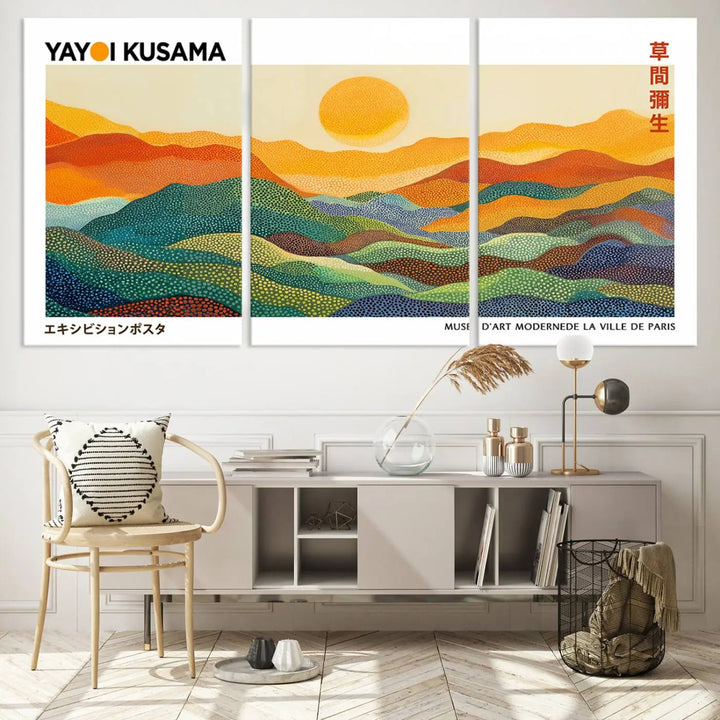 The Framed Yayoi Kusama 1986 Wall Art Print—a vibrant abstract landscape on canvas—draws inspiration from Japanese Wabi Sabi aesthetics, featuring colorful dots reminiscent of Kusama's iconic style. Perfect for contemporary décor, it makes an artistic statement when positioned against a dark wall.