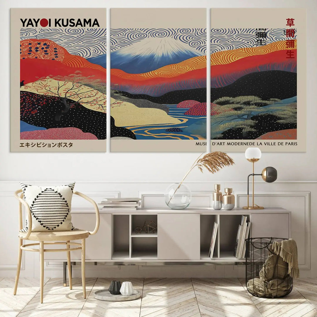 A framed Yayoi Kusama 1986 wall art print, showcasing vibrant abstract landscapes with a Wabi Sabi influence, is prominently displayed as a Japanese wall art piece.