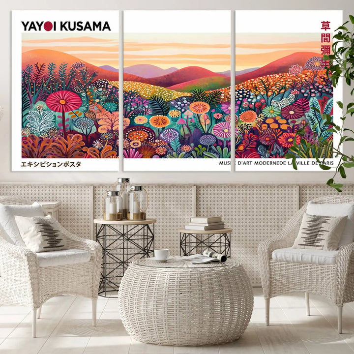 A Framed Yayoi Kusama 1986 Wall Art Print, showcasing a vibrant abstract landscape with flowers and reflecting the Wabi Sabi style, is displayed.