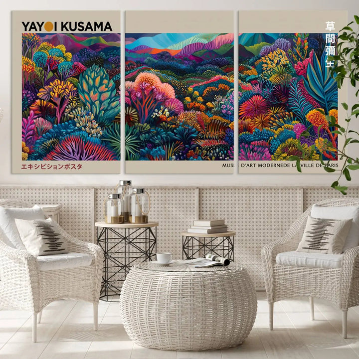 A stunning wall art print featuring Yayoi Kusama's 1986 abstract landscape hangs prominently, seamlessly incorporating elements of Japanese wabi-sabi into the contemporary space.