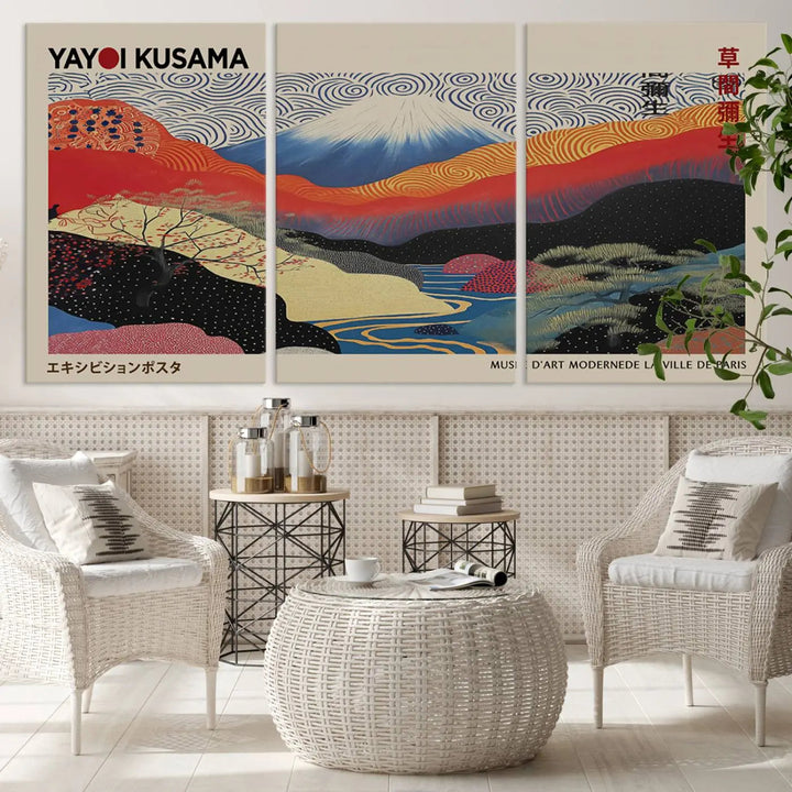 A framed Yayoi Kusama 1986 wall art print, showcasing vibrant abstract landscapes with a Wabi Sabi influence, is prominently displayed as a Japanese wall art piece.