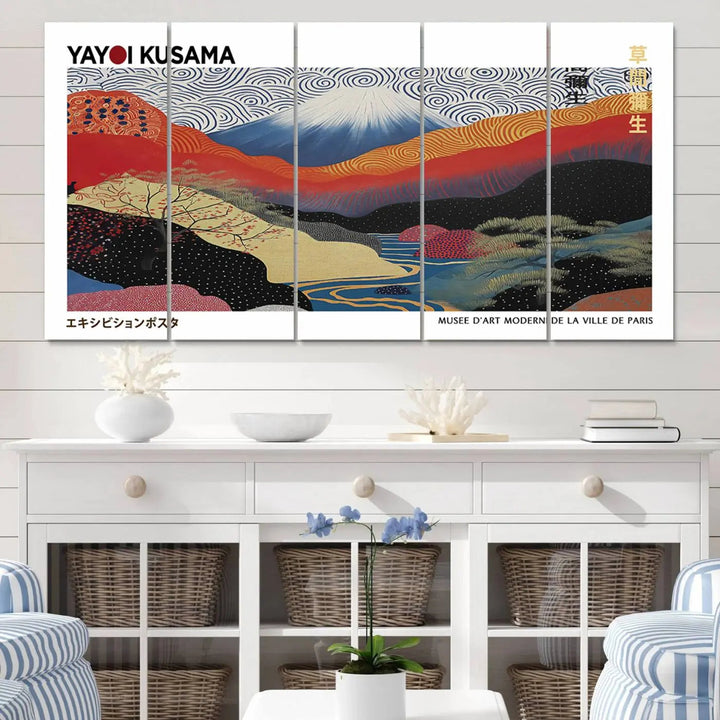 The vibrant abstract landscape canvas print featuring the Framed Yayoi Kusama 1986 Wall Art adds a touch of contemporary décor to the room.