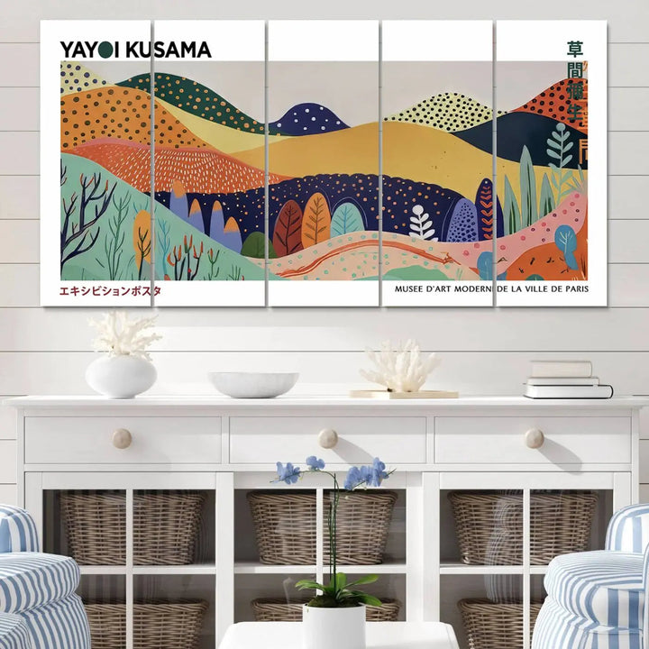 A triptych featuring the Framed Yayoi Kusama 1986 Wall Art Print hangs above. This Japanese Wabi Sabi inspired piece, rich in vibrant abstract landscapes, adds an elegant touch to any nature-inspired décor.