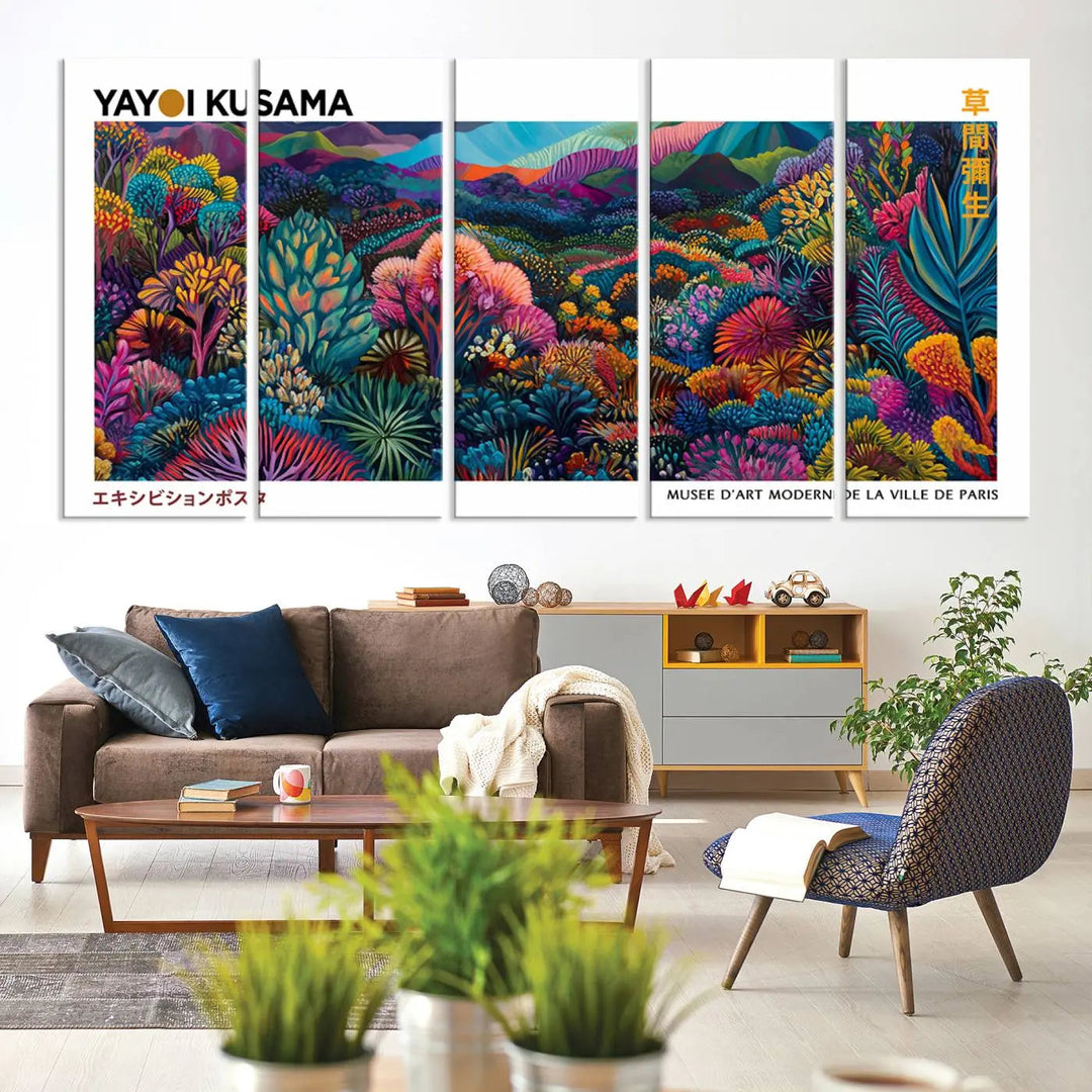 A set of three vibrant abstract landscape canvas prints, inspired by Yayoi Kusama's style and capturing a Japanese Wabi Sabi aesthetic, adorns the dark wall, creating a stunning piece of contemporary décor.