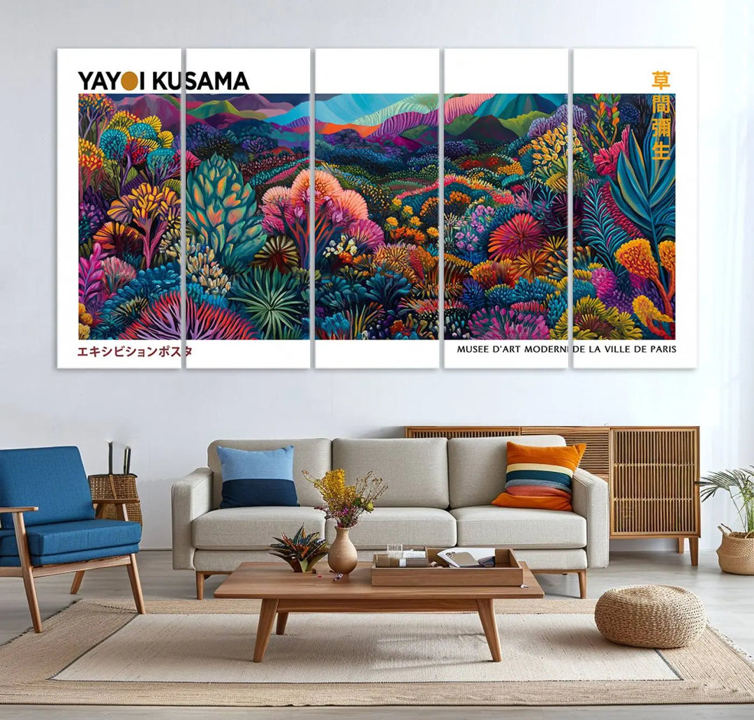 A set of three vibrant abstract landscape canvas prints, inspired by Yayoi Kusama's style and capturing a Japanese Wabi Sabi aesthetic, adorns the dark wall, creating a stunning piece of contemporary décor.