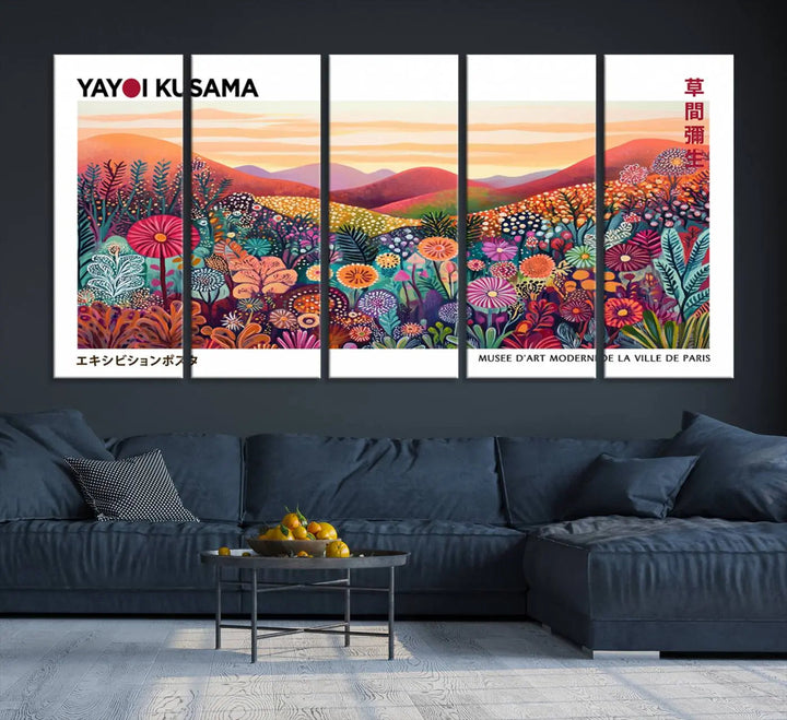 A Framed Yayoi Kusama 1986 Wall Art Print, showcasing a vibrant abstract landscape with flowers and reflecting the Wabi Sabi style, is displayed.