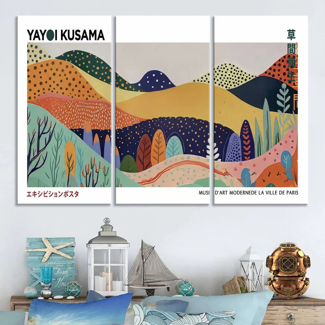 A triptych featuring the Framed Yayoi Kusama 1986 Wall Art Print hangs above. This Japanese Wabi Sabi inspired piece, rich in vibrant abstract landscapes, adds an elegant touch to any nature-inspired décor.