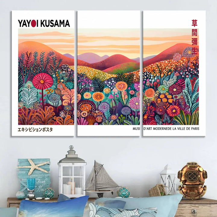 A Framed Yayoi Kusama 1986 Wall Art Print, showcasing a vibrant abstract landscape with flowers and reflecting the Wabi Sabi style, is displayed.