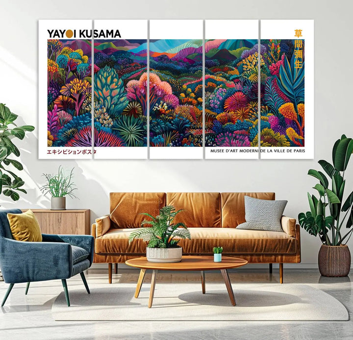 A set of three vibrant abstract landscape canvas prints, inspired by Yayoi Kusama's style and capturing a Japanese Wabi Sabi aesthetic, adorns the dark wall, creating a stunning piece of contemporary décor.