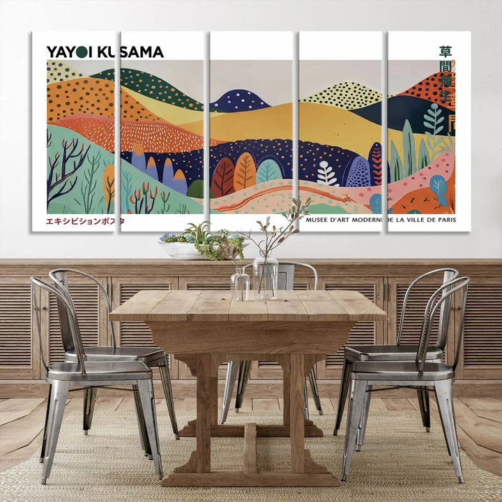 A triptych featuring the Framed Yayoi Kusama 1986 Wall Art Print hangs above. This Japanese Wabi Sabi inspired piece, rich in vibrant abstract landscapes, adds an elegant touch to any nature-inspired décor.