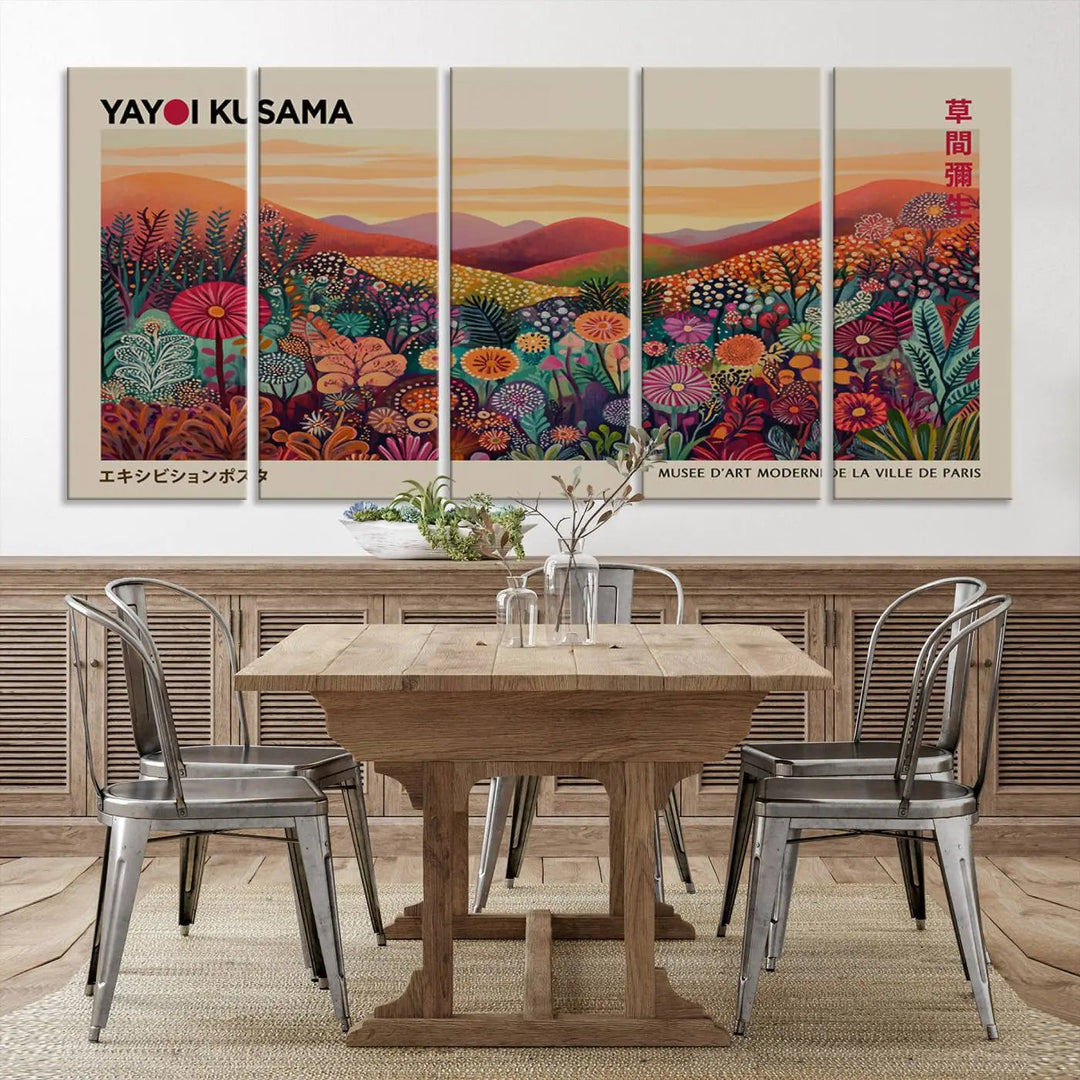 The room is adorned with a triptych artwork depicting colorful flowers and hills, incorporating the "Framed Yayoi Kusama 1986 Wall Art Print" – a vibrant abstract landscape canvas print that blends Japanese Wabi Sabi themes into contemporary nature-inspired décor.