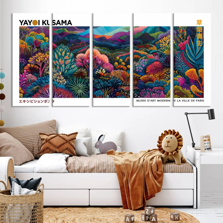 A set of three vibrant abstract landscape canvas prints, inspired by Yayoi Kusama's style and capturing a Japanese Wabi Sabi aesthetic, adorns the dark wall, creating a stunning piece of contemporary décor.