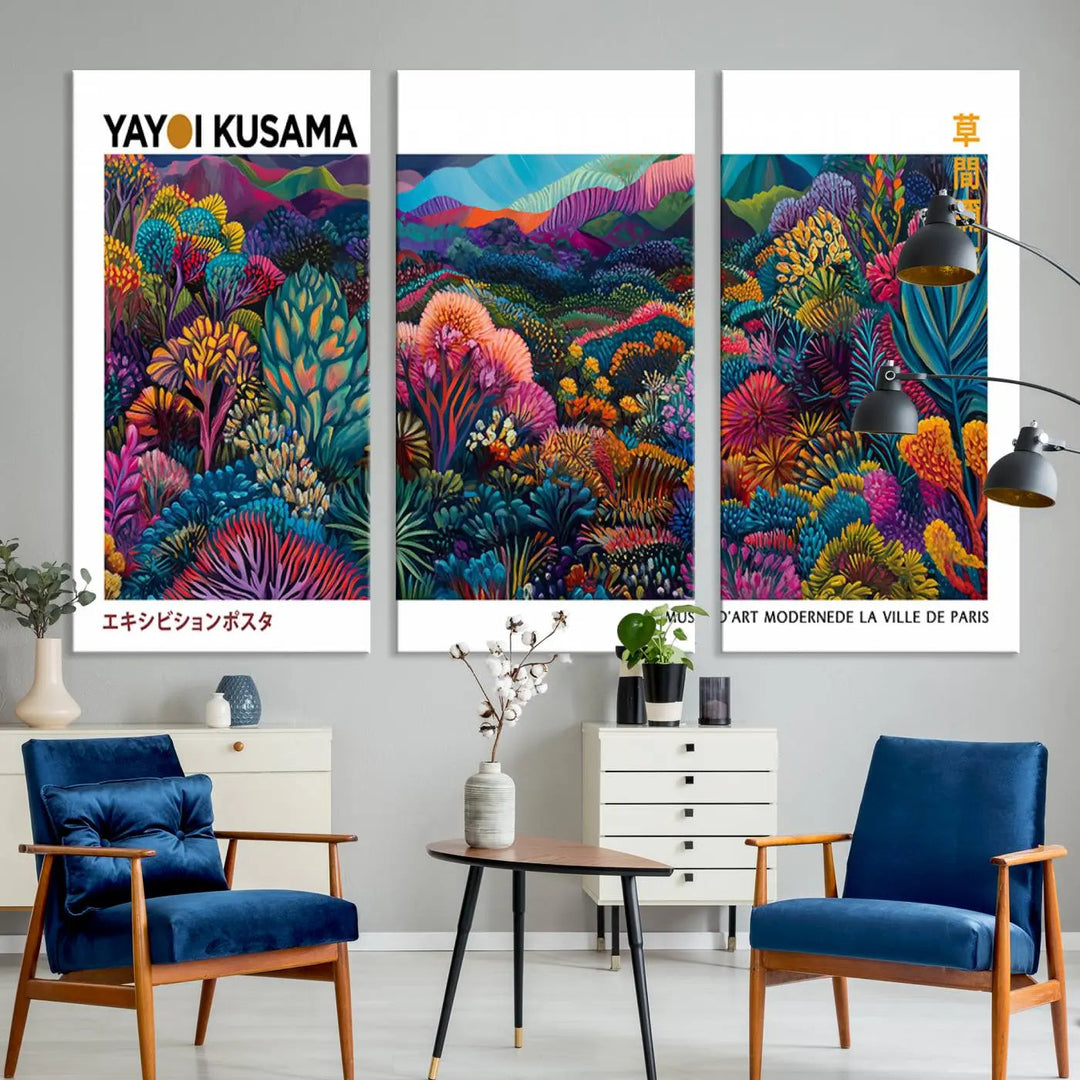 A set of three vibrant abstract landscape canvas prints, inspired by Yayoi Kusama's style and capturing a Japanese Wabi Sabi aesthetic, adorns the dark wall, creating a stunning piece of contemporary décor.