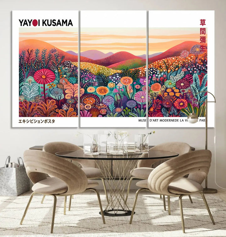 A Framed Yayoi Kusama 1986 Wall Art Print, showcasing a vibrant abstract landscape with flowers and reflecting the Wabi Sabi style, is displayed.