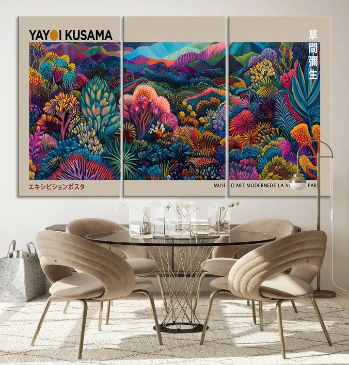 A stunning wall art print featuring Yayoi Kusama's 1986 abstract landscape hangs prominently, seamlessly incorporating elements of Japanese wabi-sabi into the contemporary space.