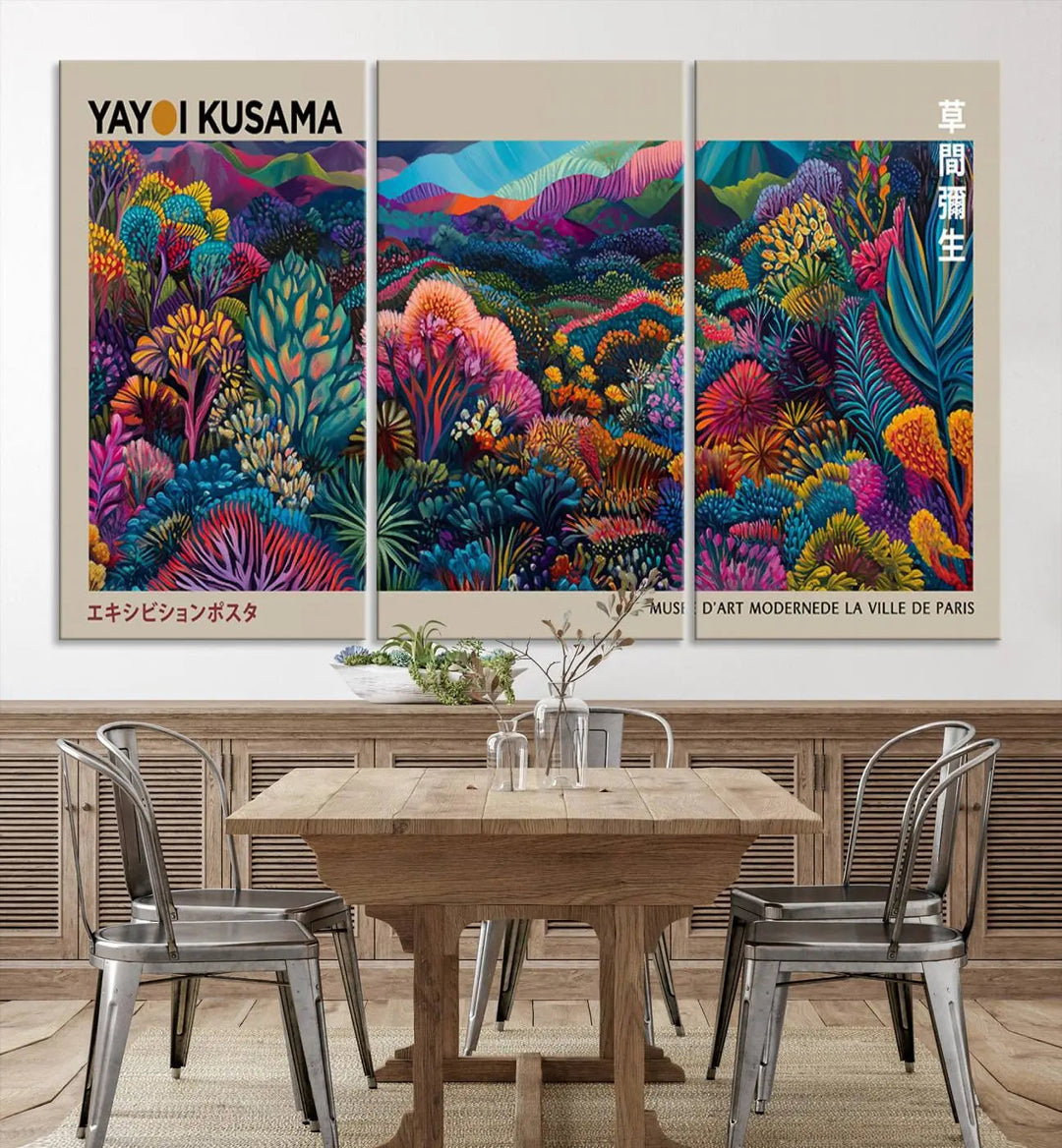 A stunning wall art print featuring Yayoi Kusama's 1986 abstract landscape hangs prominently, seamlessly incorporating elements of Japanese wabi-sabi into the contemporary space.