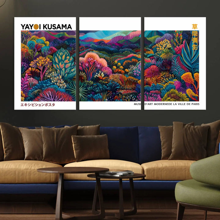 A set of three vibrant abstract landscape canvas prints, inspired by Yayoi Kusama's style and capturing a Japanese Wabi Sabi aesthetic, adorns the dark wall, creating a stunning piece of contemporary décor.