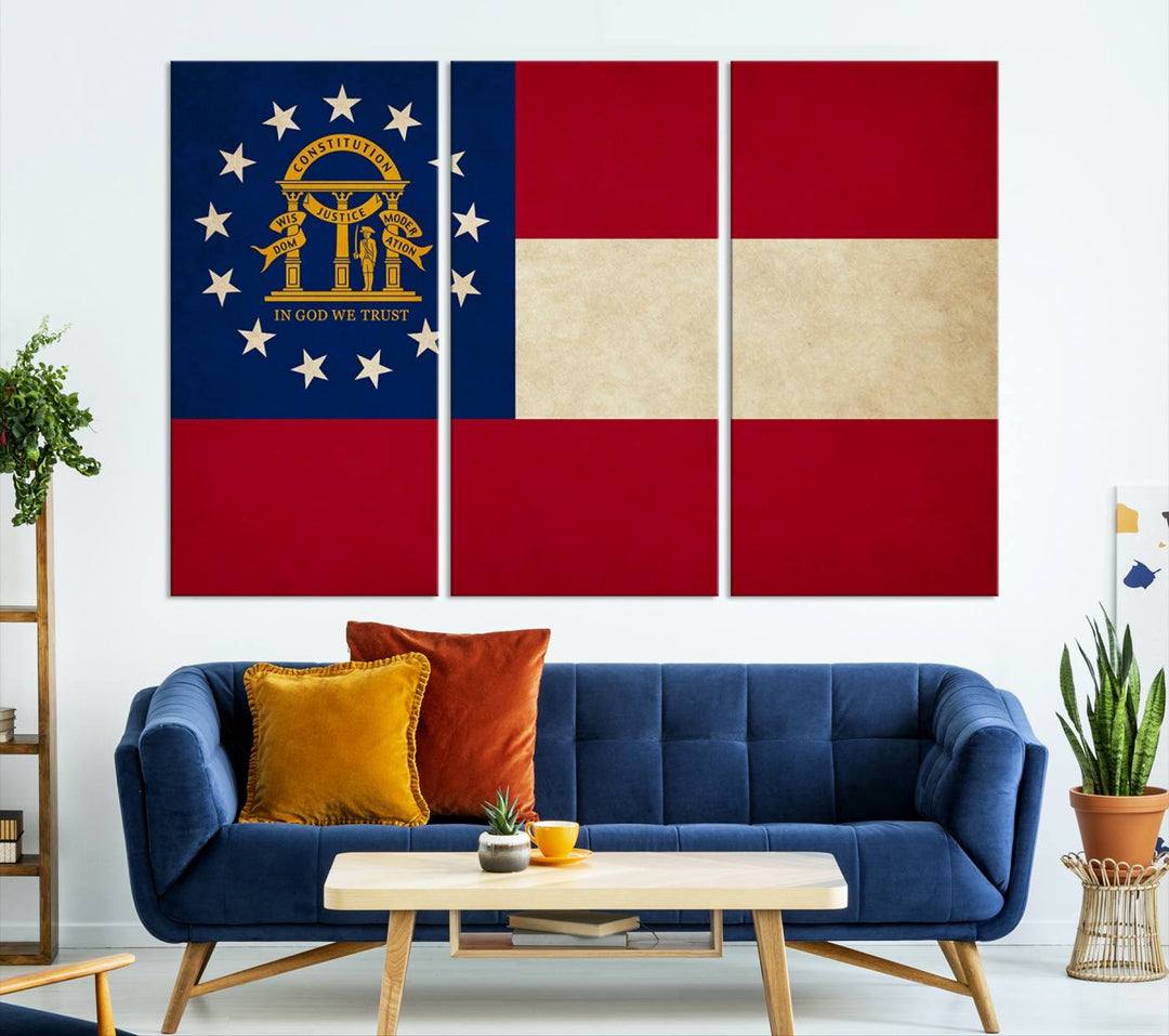 The Georgia States Flag Wall Art Canvas Print, coated with UV protection to preserve its vibrant colors, hangs on the wall.