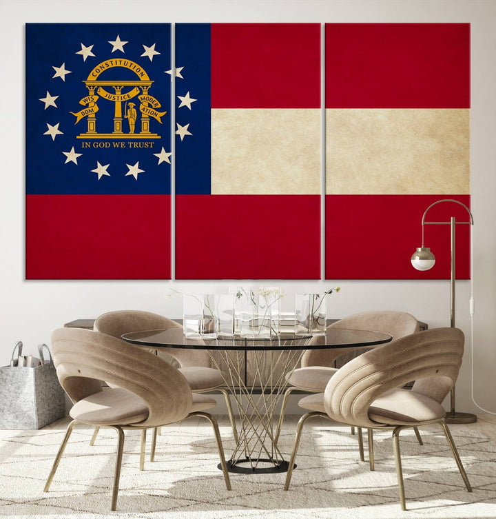 The Georgia States Flag Wall Art Canvas Print, coated with UV protection to preserve its vibrant colors, hangs on the wall.