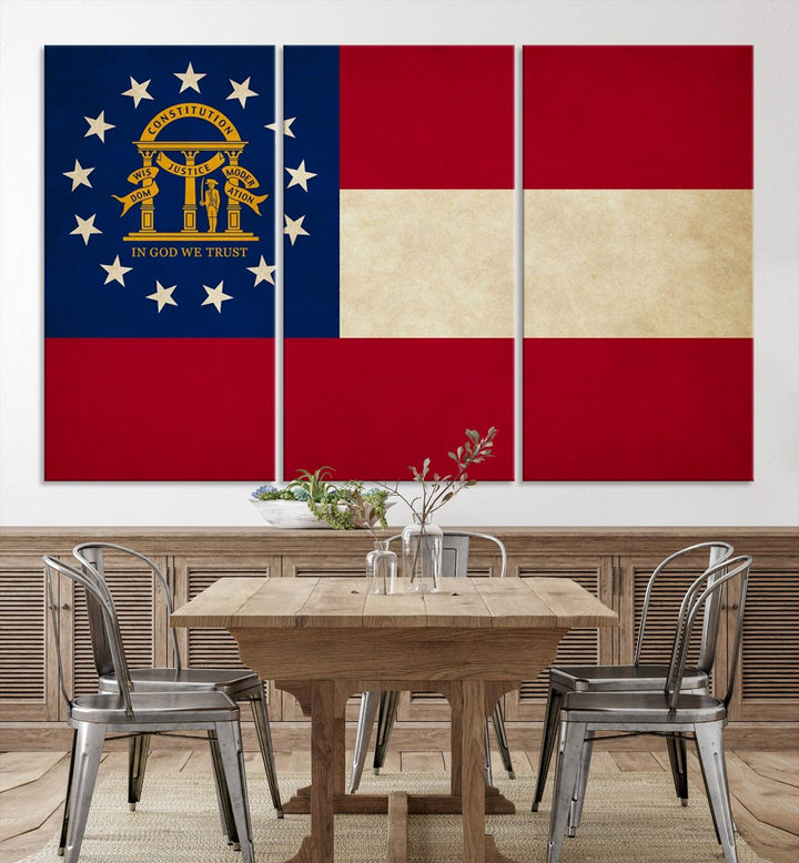 The Georgia States Flag Wall Art Canvas Print, coated with UV protection to preserve its vibrant colors, hangs on the wall.