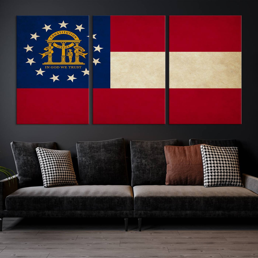 The Georgia States Flag Wall Art Canvas Print, coated with UV protection to preserve its vibrant colors, hangs on the wall.