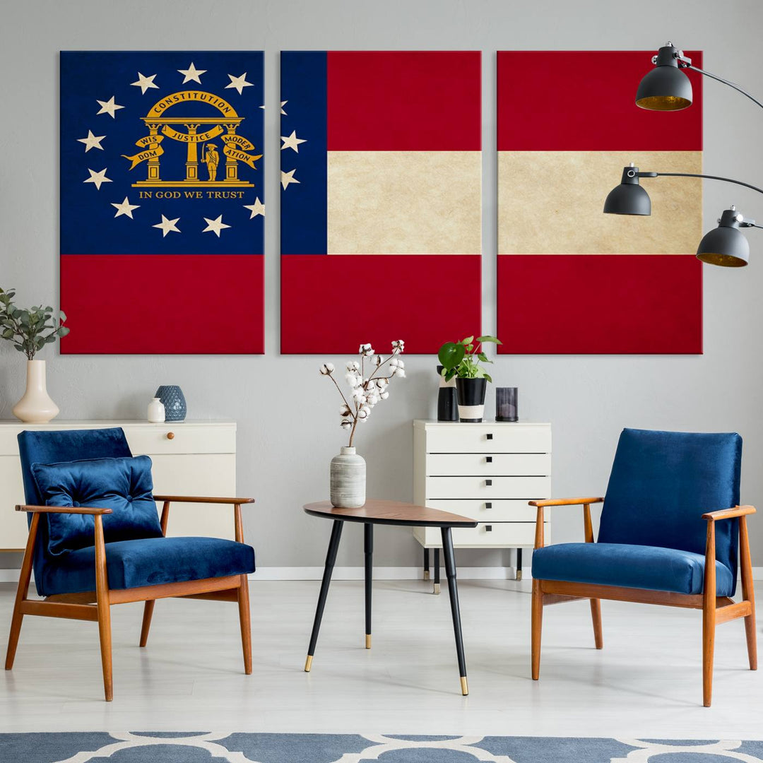 The Georgia States Flag Wall Art Canvas Print, coated with UV protection to preserve its vibrant colors, hangs on the wall.