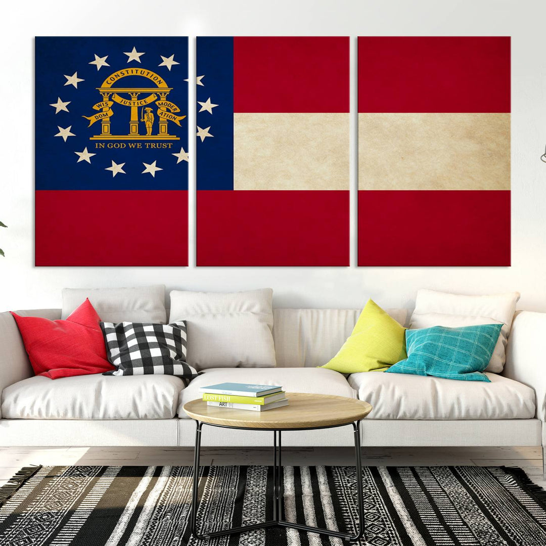 The Georgia States Flag Wall Art Canvas Print, coated with UV protection to preserve its vibrant colors, hangs on the wall.