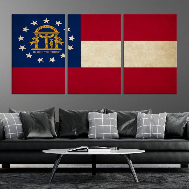 The Georgia States Flag Wall Art Canvas Print, coated with UV protection to preserve its vibrant colors, hangs on the wall.